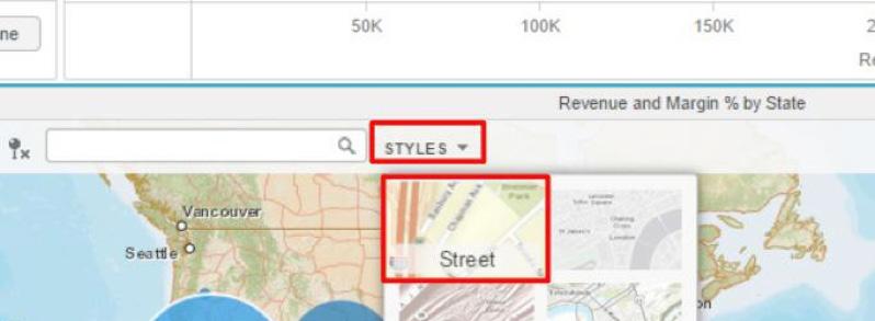 67. Rename the visualization to Revenue and Margin % by State by double clicking on the Visualization 1 header. 68. Change the visualization Style from the default Light Gray to the Street style.