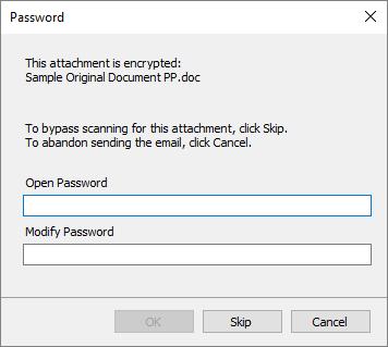 Protecting Attachments When sending an email with an attachment that requires a password in order to be opened or modified, a Password dialog is displayed.