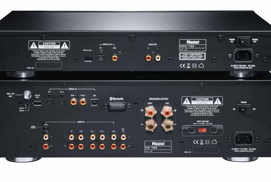 The MR 780 stereo receiver follows the unique Magnat hybrid concept: Operating in the pre-amp stage are two selected, burnt-in ECC 81 valves, which provide the entire system with the warm, audiophile