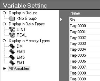 Variable Settings Section 6-5 6-5-7 Displaying Variables Variables can be displayed by type in the Variable Panel of the Variable Setting Window.