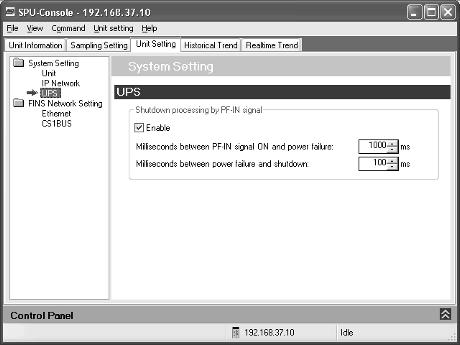FINS Network Settings Section 8-2 8-1-3 Shutdown Setting for the Power Failure Input (PF-IN) Select System Setting - UPS on the Unit Setting Tab Page. The following settings can be made.