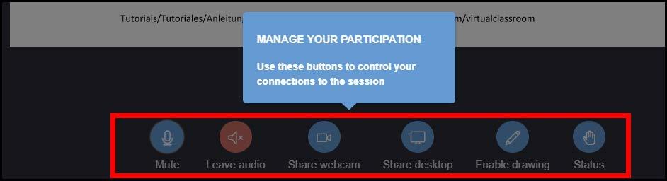 7 Using the Pager Tool Manage Your Connection Using these buttons allow you to control your connections during the session including, your audio, webcam, *sharing your desktop, *drawing on content,