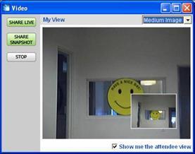 When you click the Video button, a new Video window opens containing a live video feed. There is also a video-in-video display that allows presenters to see what attendees are seeing.