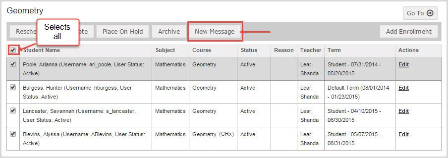 Write and send messages to students enrolled in your courses The Message page appears with the selected student(s) in the To field.