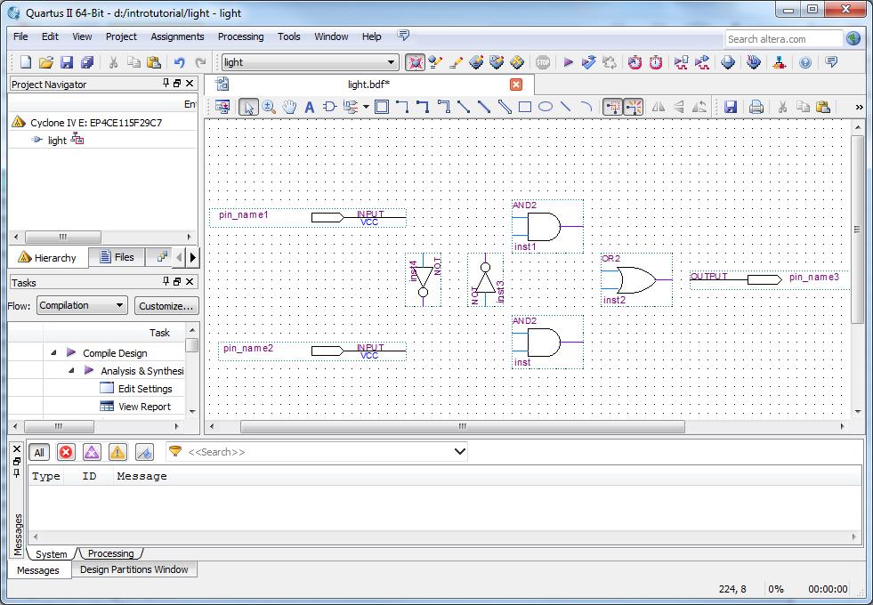 Figure 18. Import the input and output pins. Assign names to the input and output symbols as follows. Make sure nothing is selected by clicking on an empty spot in the Graphic Editor window.