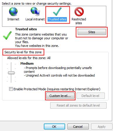 6. In the Select a zone to view or change security settings section, click