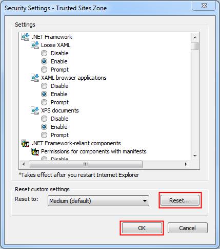 The Security Settings - Trusted Sites Zone window appears. In the Reset custom settings section, select Low from the Reset to drop-down. Click Reset.