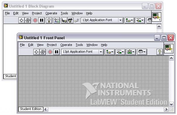 Figure 1: LabView Front Panel and Block Diagram windows Communicating with the instruments VISA resource box must be created on the Front Panel to communicate with each instrument.