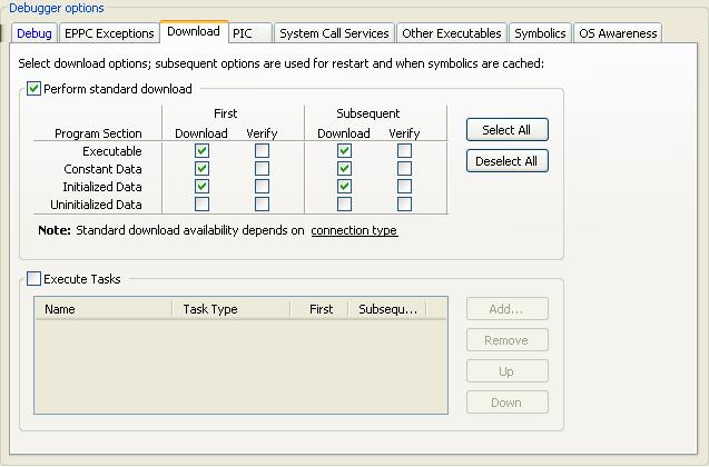 Figure 21: Debugger Options-Download page Debug Configurations Using Debug Configurations Dialog Box The table below lists the various options available on the Download page.