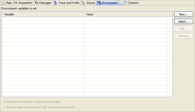 Debug Configurations Using Debug Configurations Dialog Box 4.1.6 Environment Use this tab to specify the environment variables and values to use when an application runs.