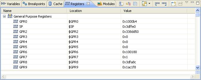 Working with Debugger Working with Registers The Registers view displays categories of registers in a tree format.