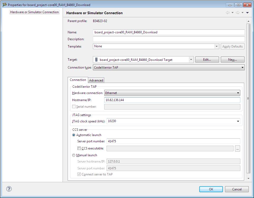 Multi-Core Debugging Debugging Multi-Core Projects Figure 60: Properties for <connection> Dialog Box - Connection Settings 14.Click OK. 15.Click the Debugger tab in the Debug Configurations dialog.