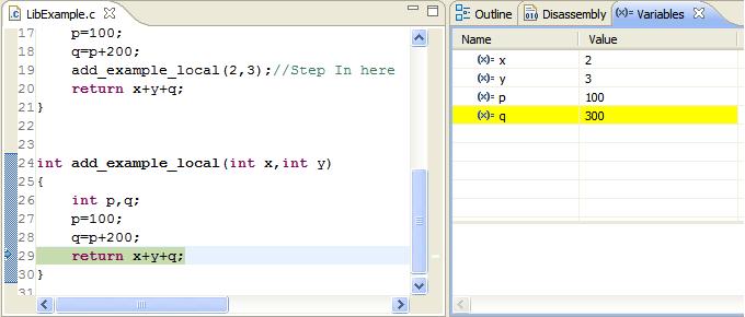 Click Step Over in the debugger window until you reach the following line of code (shown in the figure below): ret=add_example(a,b) TIP Before you set breakpoints in the code of an imported shared