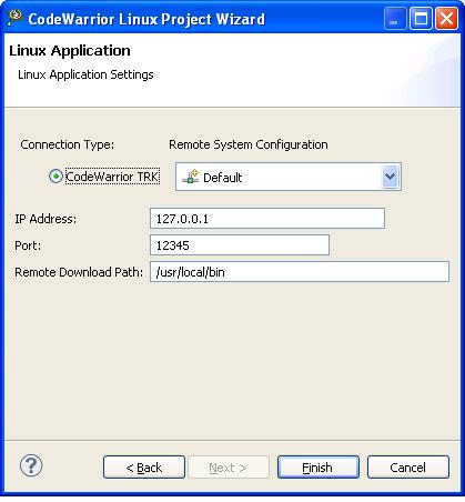Working with Projects Creating projects Figure 10: Linux Application Page When debugging a Linux application, you must use the CodeWarrior TRK to manage the communications interface between the