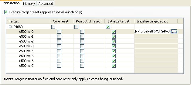 Target Initialization Files Using target initialization files 8. In the Initialization tab, select the appropriate cores checkboxes from the Initialize target column, as shown in the figure below.