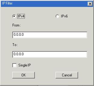 KN1108VA / KN1116VA User Manual Adding Filters To add an IP filter, do the following: 1. Click Add. A dialog box similar to the one below appears: 2.