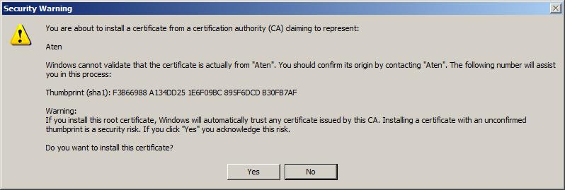 KN1108VA / KN1116VA User Manual Installing the Certificate To install the certificate: 1. In the Security Alert dialog box, click View Certificate. The Certificate dialog box appears.