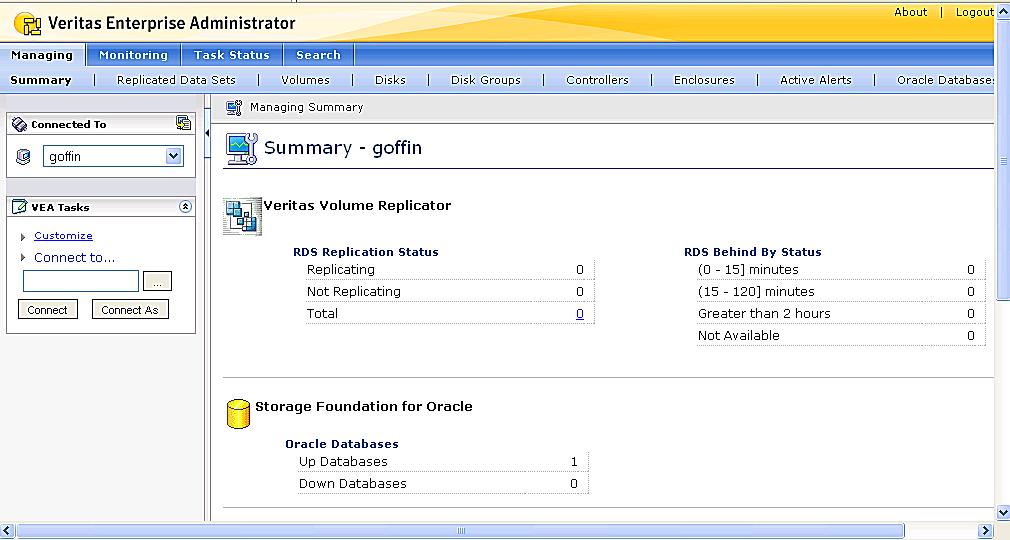 Using the VERITAS Storage Foundation for Oracle graphical user interface About GUI components 13 Figure 1-2 Veritas Storage Foundation for Databases Web GUI Sections of the main window for the Java