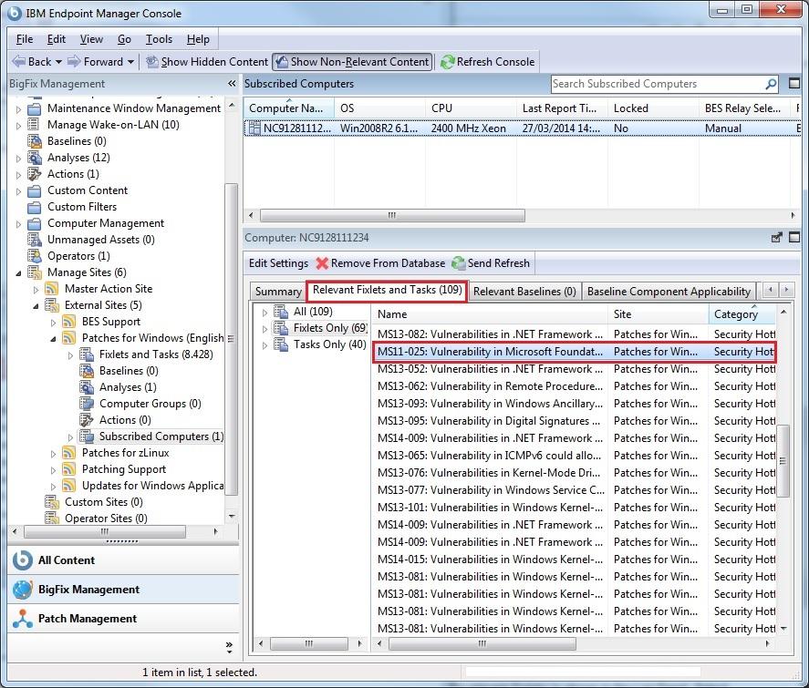 Applying a Windows patch Run the following steps from the console to apply a Windows patch: 1. Expand the Patches for Windows (English) subtree and click Subscribed Computers.