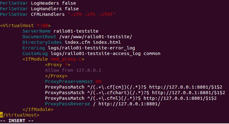 DocumentRoot /var/www/railo01-testsite/ DirectoryIndex index.cfm index.html ErrorLog logs/railo01-testsite-error_log CustomLog logs/railo01-testsite-access_log common <IfModule mod_proxy.