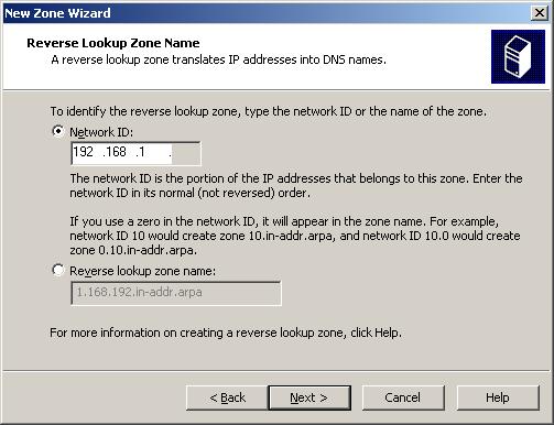 Specify reverse lookup zone name Select