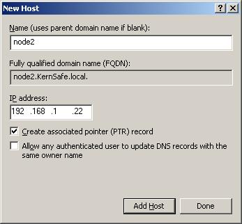 Right click on KernSafe.local and select New Host (A), the New Host dialog will be shown. Type node in Name field, 192.168.1.11 in the IP address field and check Create associated pointer (PTR) record.