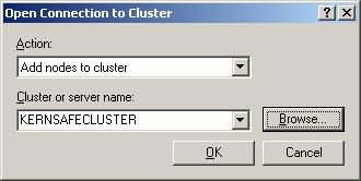 Open Cluster Administrator on node2, select Add nodes to cluster and Cluster name, which is