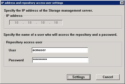 11. For a Storage Management Server transaction, set the database access user. Enter the user name and password of the user who will access the database.