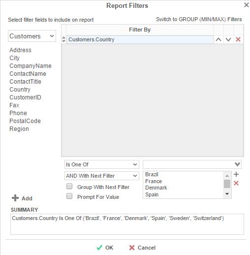 These filters can be enabled, disabled, or modified after running a report to the report viewer. For more information, see Interactive Report Viewer Options.