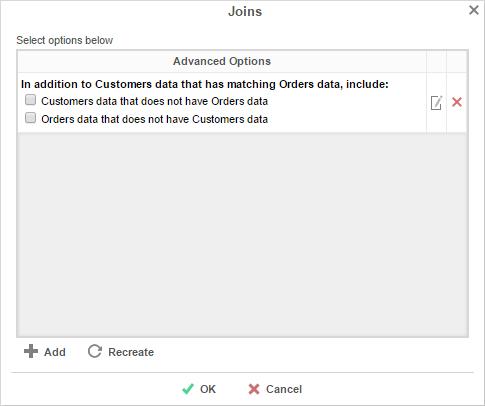 This window allows you to specify additional information about how the Data Categories relate to each other. Before using these options, it is important to understand the definition of a Join.