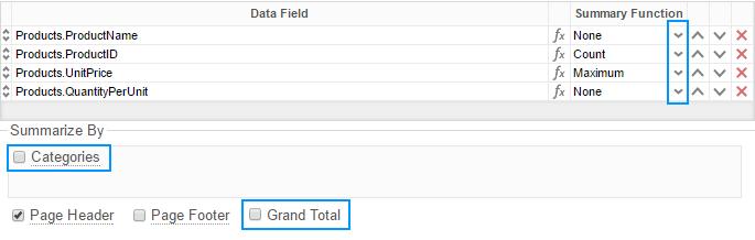 The Summary Function column is used to make subtotals and grand totals. See Subtotals and Grand Totals for more information. To remove a Data Field, press the delete button ( ).