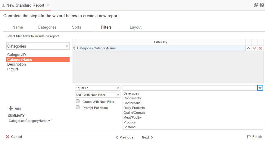 Filters Tab In the Filters Tab, create statements that will be used to filter the data when you run the report. There is no limit to the number of filters that can be defined.