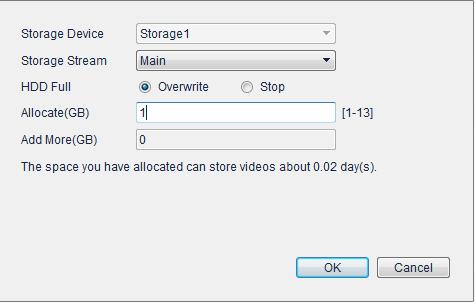 Parameter Description configuring Storage Stream, HDD Full, and Add More (GB). For cameras connected to NVR NOTE!