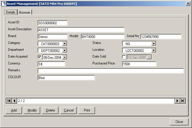o After saving, system will prompt user to print an asset label. Click < MODIFY> to modify the asset and save to the database.