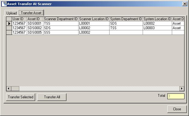 Click < TRANSFER SELECTED > to transfer the selected asset records displayed on the screen to new destination.