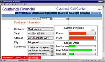 Oracle9i Data Mining s Java-based API enables application developers to enhance business applications with insights and predictions, such as this example call center that highlights a customer s