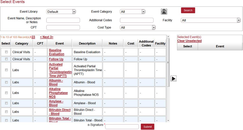 Refer to the following screenshot when Adding Events to a Calendar Add /Delete Events to the Study Calendar 1. CLICK on the Select Events tab, to view the Calendar Events page. 2.