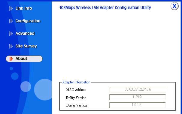 5 About US This page displays some information about the 108Mbps Wireless Network USB Dongle utility, which