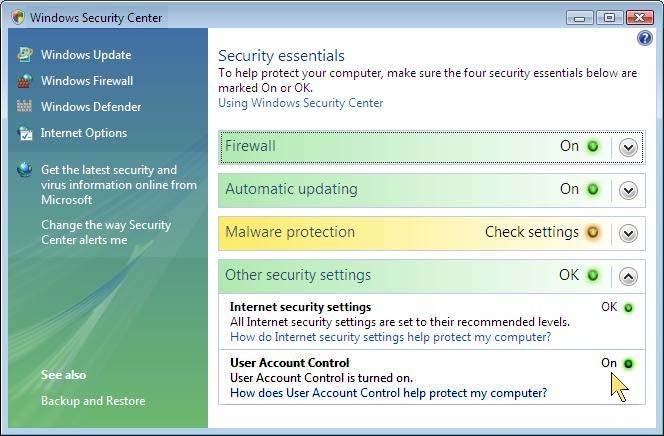 Go to Control Panel => Security Center 2.