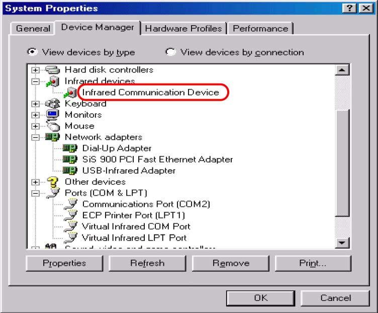 9 CHECK DRIVER INSTALLATION IN WINDOWS 98SE From Device Manager, you can see Infrared Communication Device under