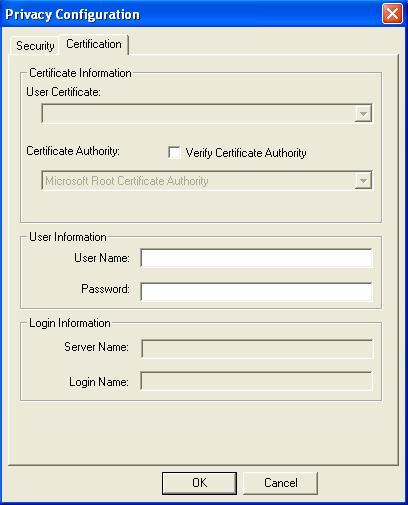 PEAP: Clicking the Certification tab for PEAP displays the following menu. Figure 4.3 Figure 4.4 PEAP requires the use of Certificate Authority, User Information and Login Information.