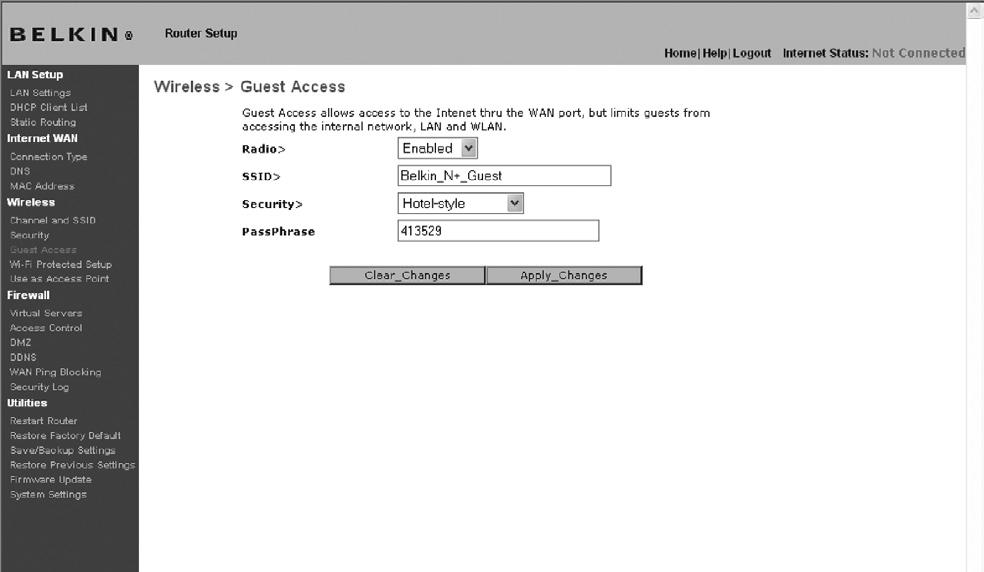 Using the Web-Based Advanced User Interface Guest Access: This option allows guest users access to the Internet while keeping them away from your private network. By default, this option is enabled.