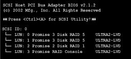 SCSI BIOS screen with UltraTrak set to ID mode. When UltraTrak is running in ID mode, UltraTrak takes a SCSI address for each Array and another for the Promise RAID Console, as shown above.