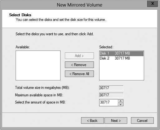 Storage in Windows Server 2012 803 To complete the process, you must select a second disk by highlighting the appropriate disk and adding it to the volume set.