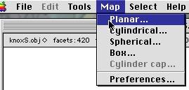 I fill in the Planar Mapping Dialog. Note that the Scaling/Map Size feature of Steve Coxs UVMapper is not available presently. The 'Map Size' text field is not enabled, shown by the dotted outline.