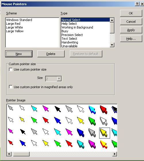 1) Firstly click on the Mouse Pointers button 2) A new window will now appear: Select the highlighting style you would like to use here First select the colour scheme of the pointer Now select the