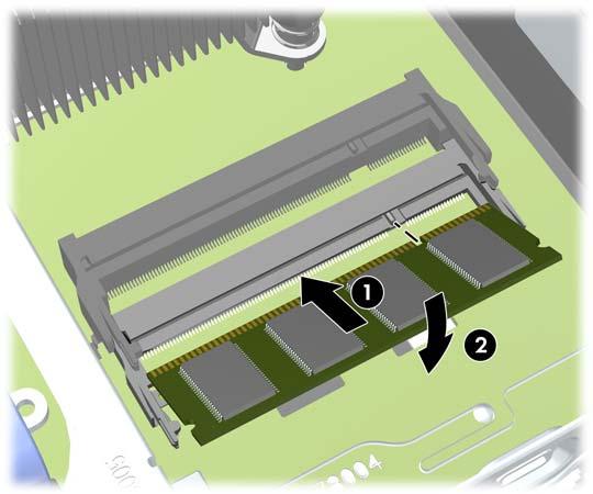 Slide the new SODIMM into the socket at approximately a 30 angle (1) then press the SODIMM down (2) so that the latches lock it in place.