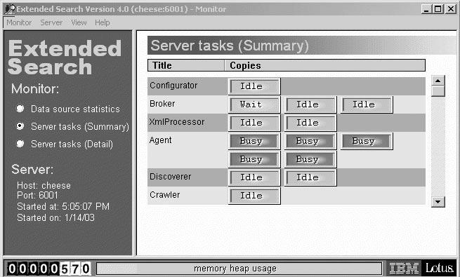 Figure 4. Extended Search Monitor summary view The Server, message counter, and memory heap usage areas of the Summary view mirror the same areas in the detailed view.