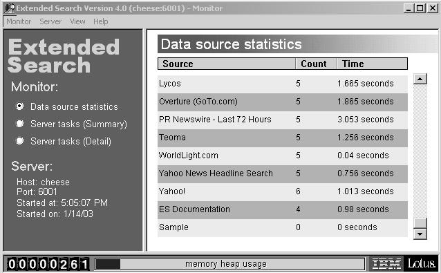 Figure 5. Extended Search Monitor data source statistics view Log server activity You can keep track of a server s activity by writing statistics to a log file.