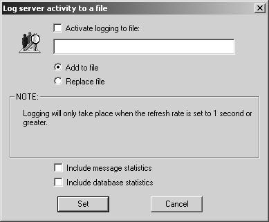 Figure 6. Extended Search Monitor log server activity 3. To enable logging, select the Activate logging to file check box. 4.
